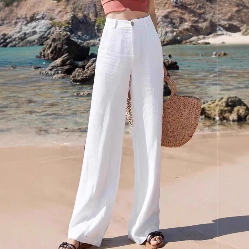 Linen Wide-Leg Pants For Women, Summer Thin Cotton-Linen White Casual Pants, High-Waisted Slimming Drape Straight-Leg Floor-Length Trousers - Image 2