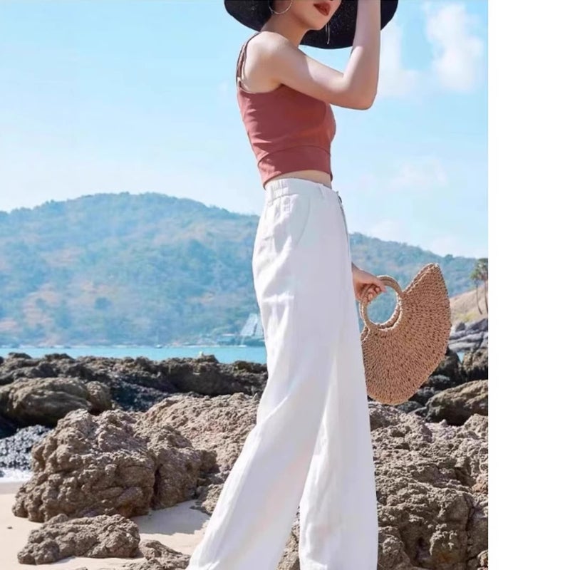 Linen Wide-Leg Pants For Women, Summer Thin Cotton-Linen White Casual Pants, High-Waisted Slimming Drape Straight-Leg Floor-Length Trousers - Image 3