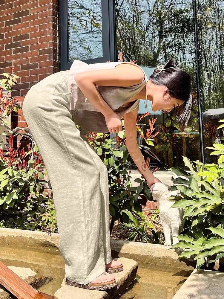 Linen Wide-Leg Pants For Women, Summer Thin Cotton-Linen White Casual Pants, High-Waisted Slimming Drape Straight-Leg Floor-Length Trousers - Image 1