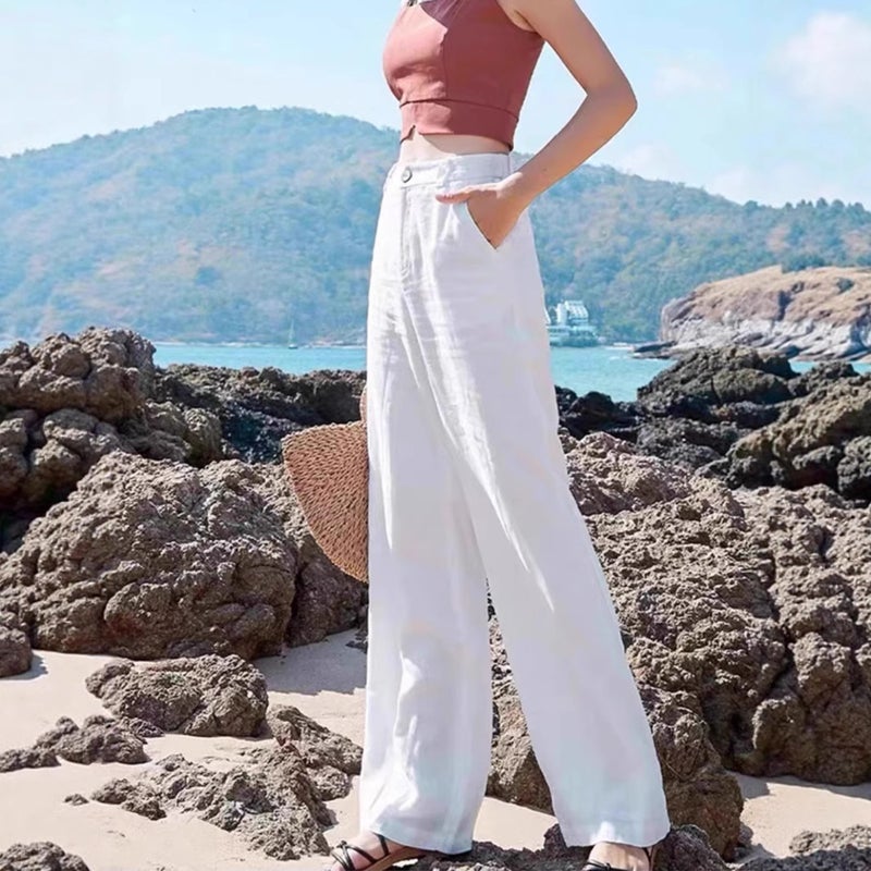 Linen Wide-Leg Pants For Women, Summer Thin Cotton-Linen White Casual Pants, High-Waisted Slimming Drape Straight-Leg Floor-Length Trousers - Image 5