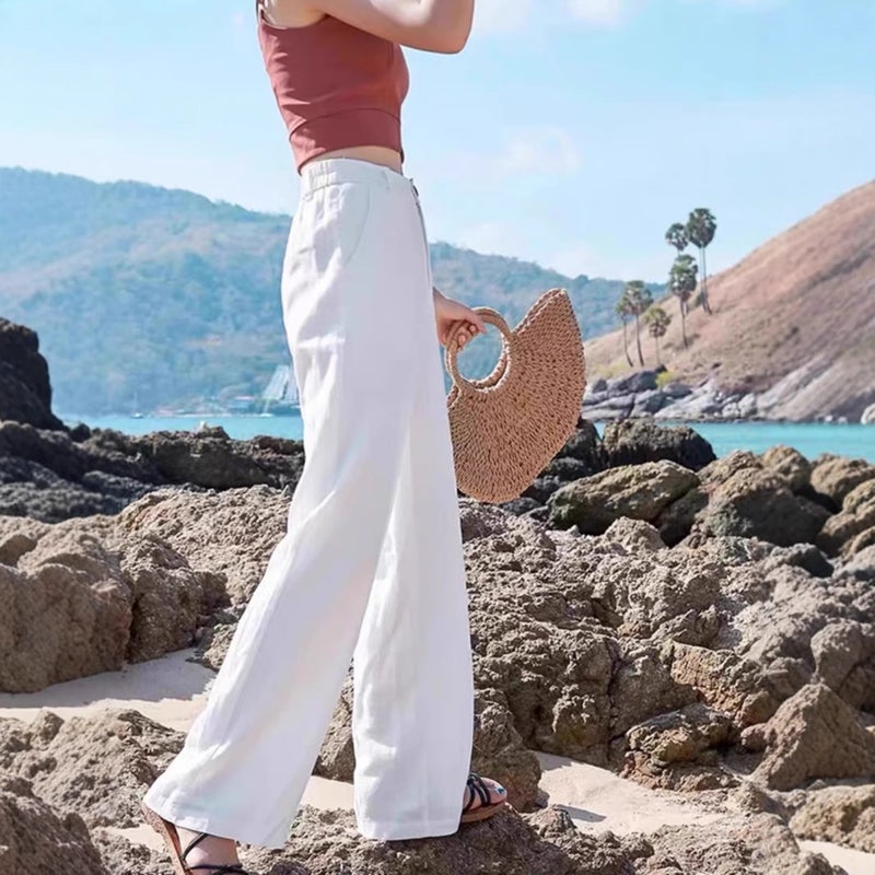Linen Wide-Leg Pants For Women, Summer Thin Cotton-Linen White Casual Pants, High-Waisted Slimming Drape Straight-Leg Floor-Length Trousers - Image 4