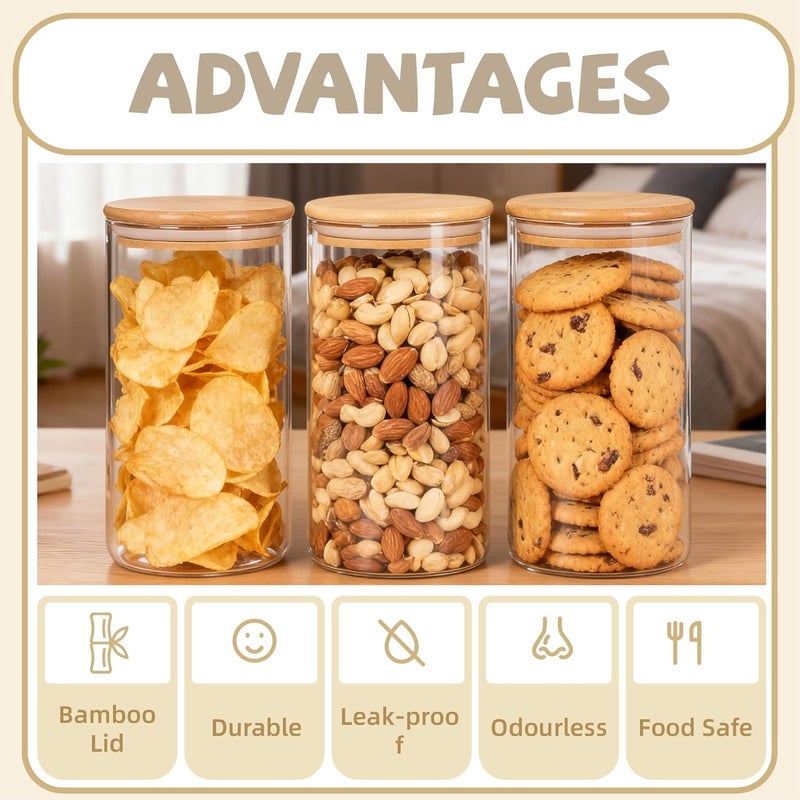MEETOZ 950ml Set of 3 Glass Jars with Bamboo Lids,High Borosilicate Glass Transparent Airtight Food Storage Tank,Large Capacity Kitchen Food Containers for Spices,Coffee Beans,Oatmeal - Image 3