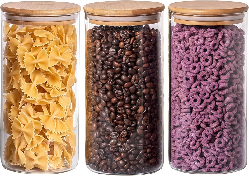 MEETOZ 950ml Set of 3 Glass Jars with Bamboo Lids,High Borosilicate Glass Transparent Airtight Food Storage Tank,Large Capacity Kitchen Food Containers for Spices,Coffee Beans,Oatmeal - Image 1