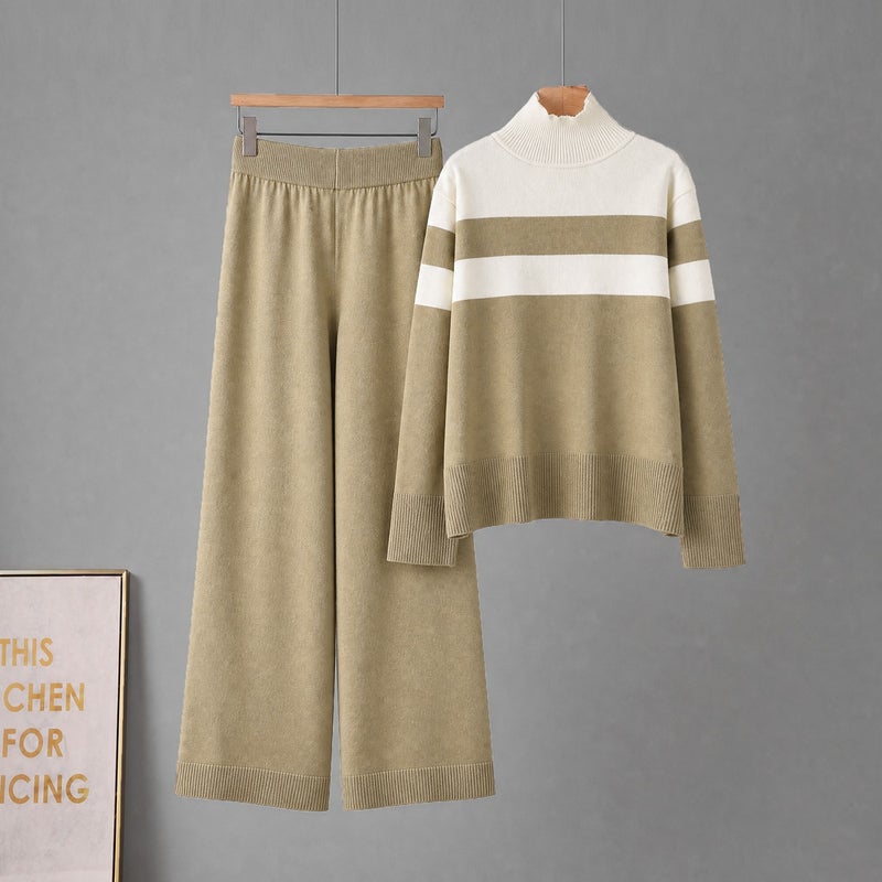 2026 Autumn Winter Women's Knitted Color-Block Striped Long Sleeve Mock Neck Tracksuit Set - Image 4