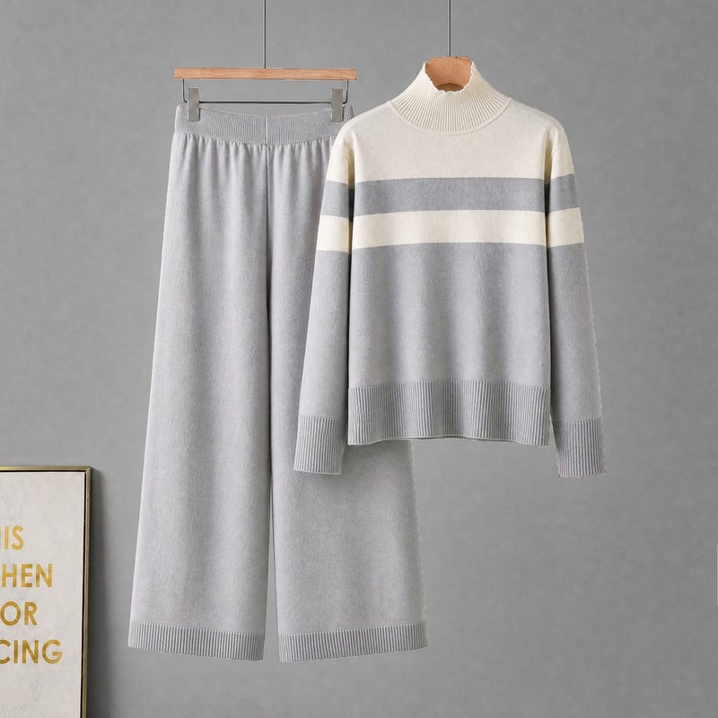 2026 Autumn Winter Women's Knitted Color-Block Striped Long Sleeve Mock Neck Tracksuit Set - Image 2