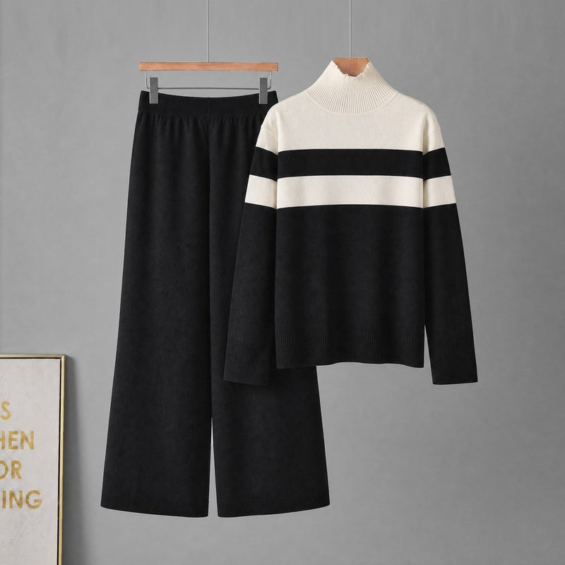 2026 Autumn Winter Women's Knitted Color-Block Striped Long Sleeve Mock Neck Tracksuit Set - Image 1