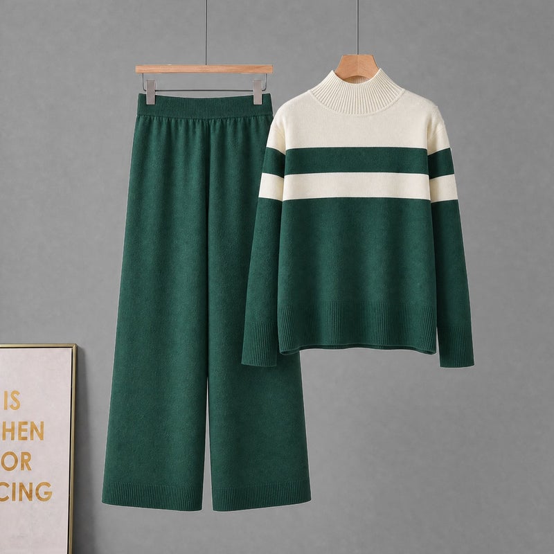 2026 Autumn Winter Women's Knitted Color-Block Striped Long Sleeve Mock Neck Tracksuit Set - Image 3