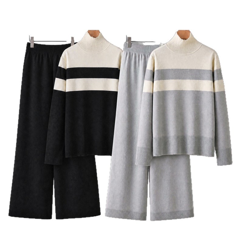 2026 Autumn Winter Women's Knitted Color-Block Striped Long Sleeve Mock Neck Tracksuit Set - Image 5