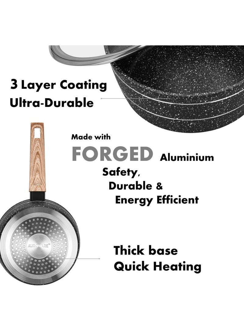 Auroware Auroware Non Stick 18cm Saucepan with Glass Lid Black Forged Aluminium Three Layer Coating Dishwasher safe Kitchen cooking frying pan  - Image 2