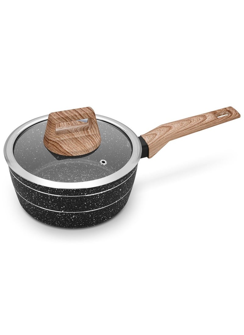 Auroware Auroware Non Stick 18cm Saucepan with Glass Lid Black Forged Aluminium Three Layer Coating Dishwasher safe Kitchen cooking frying pan  - Image 1