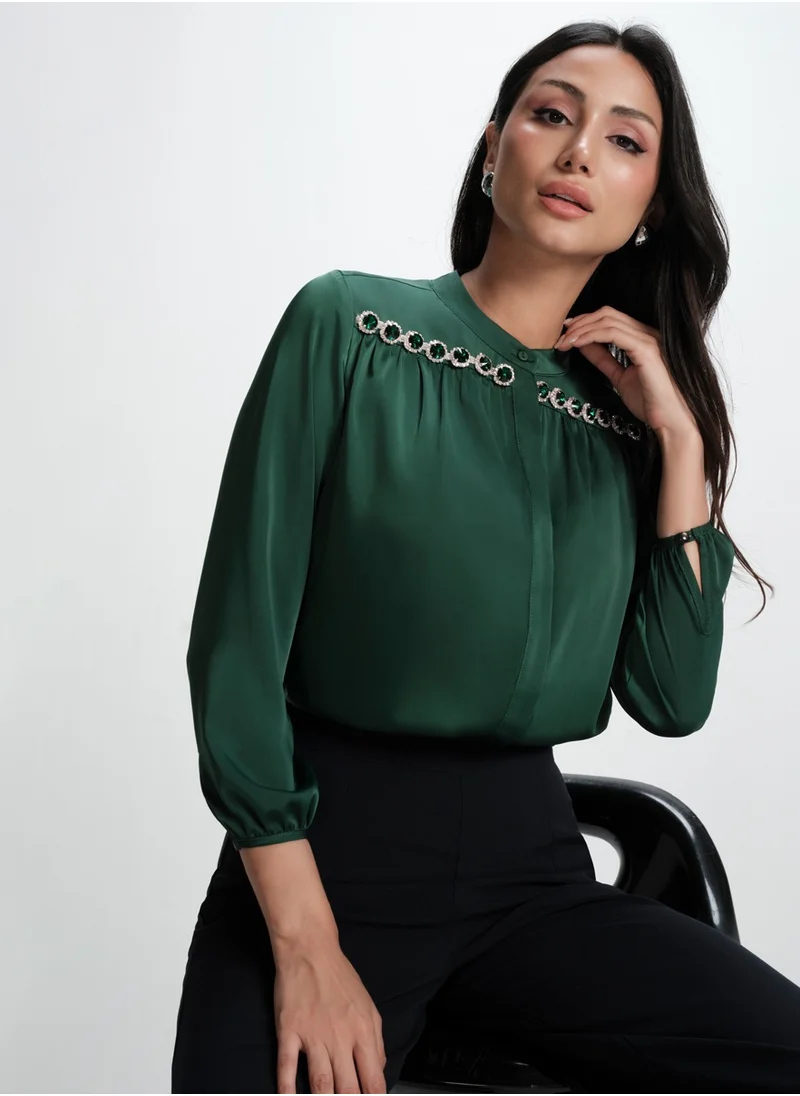 Zigzag Long Sleeve Trim Attached Green Satin Top