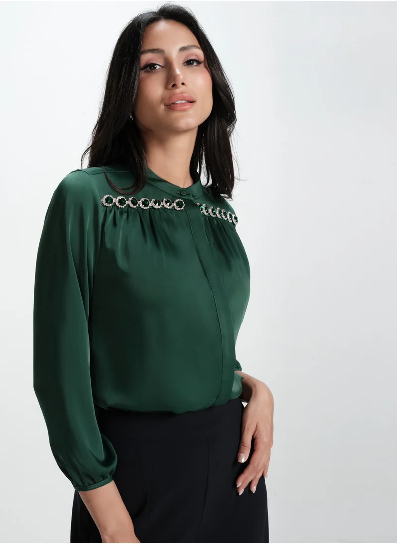 Zigzag Long Sleeve Trim Attached Green Satin Top