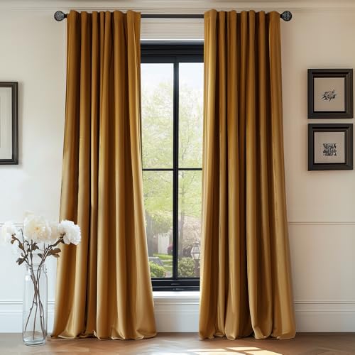Lazzzy Velvet Blackout Curtains Thermal Insulated Curtains Room Darkening Super Soft Luxury Curtains for Bedroom Rod Pocket Window Drapes for Living Room 2 Panels 52 by 96 Inch Gold Brown - Image 1