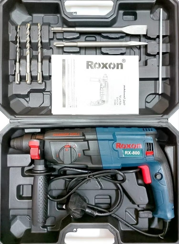 Roxon Premium Quality Rotary Hammer Drill, 800W Heavy Duty, 3 Function Modes, Including 3 Drill Bits, 2 Chiseling Bits(Flat & Point), 360° Rotating Handle with Carrying Case RX-800 - Image 1