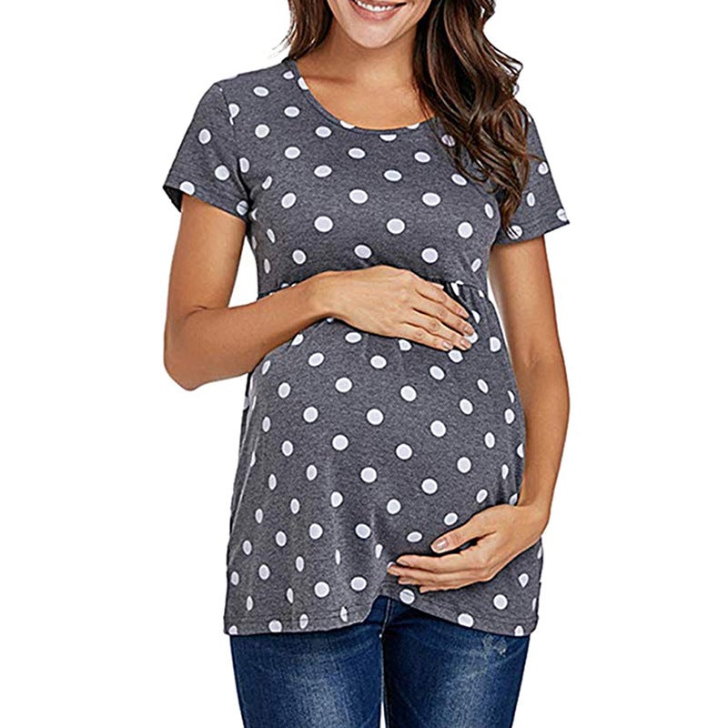 2021 European and American summer polka dot print short-sleeved round neck top T-shirt dark gray S - Image 1
