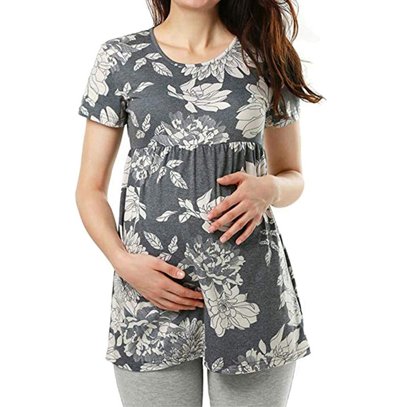 2021 European and American summer polka dot print short-sleeved round neck top T-shirt dark gray S - Image 2