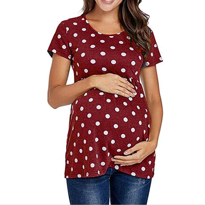 2021 European and American summer polka dot print short-sleeved round neck top T-shirt dark gray S - Image 4