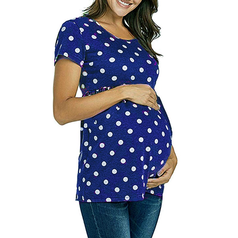 2021 European and American summer polka dot print short-sleeved round neck top T-shirt dark gray S - Image 3
