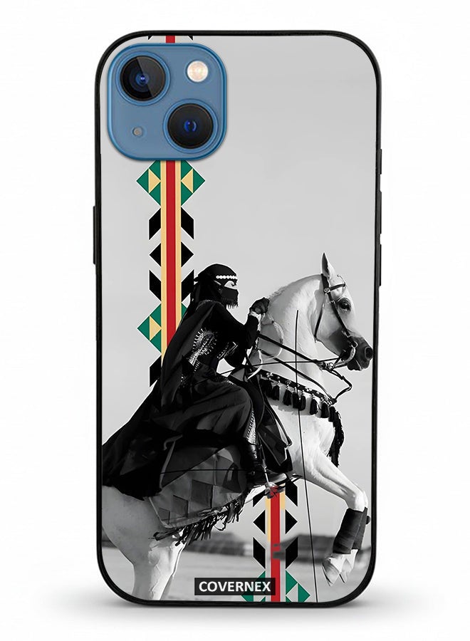 Covernex Apple iPhone 13 Protective Case Cover Printed Featuring Woman on Horseback with Sadu Accents - Image 2