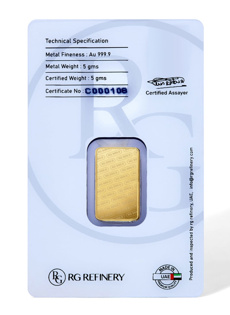 RG REFINERY - Rafmoh Gold 5 Gram 24k Gold Bar with RG Design - 5 Grams Gold Bar 24KT 999.9 Purity - Image 1