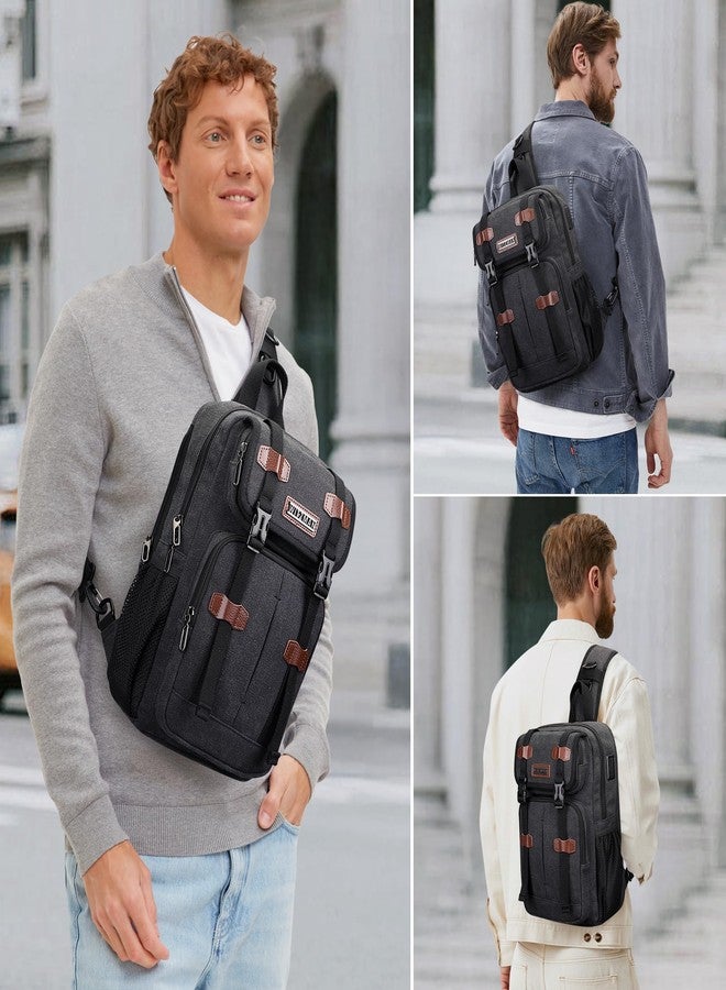 WITZMAN Sling Bag for Men Canvas Vintage Travel Crossbody Shoulder Bags Casual Large Chest Bag with USB Charging Port(A8019 Black) - Image 2