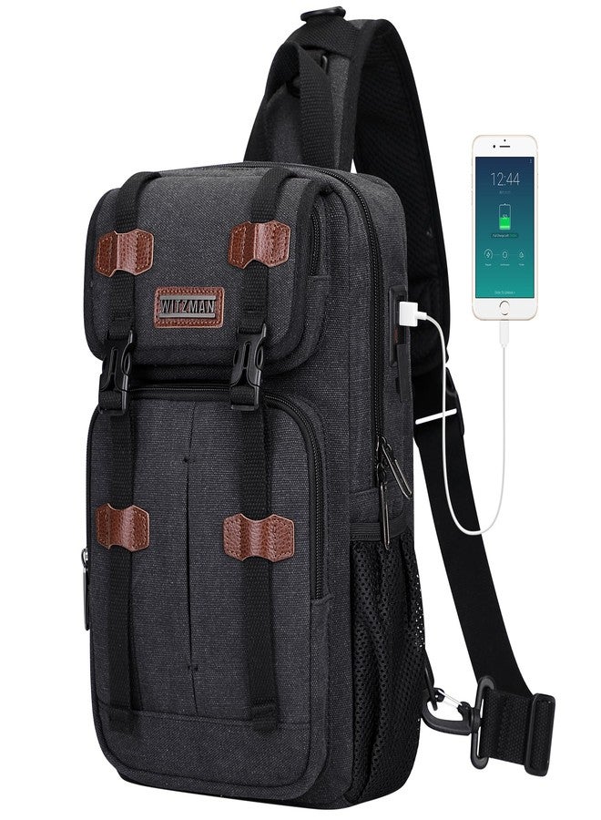 WITZMAN Sling Bag for Men Canvas Vintage Travel Crossbody Shoulder Bags Casual Large Chest Bag with USB Charging Port(A8019 Black) - Image 1
