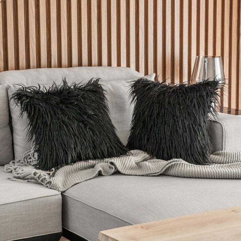 Kevin Textile Pack of 2 Decorative New Series Series Style Black Faux Fur Fur Throw Case Coushion Coushion Coats لأريكة غرفة نوم 18 × 18 بوصة 45 × 45 سم