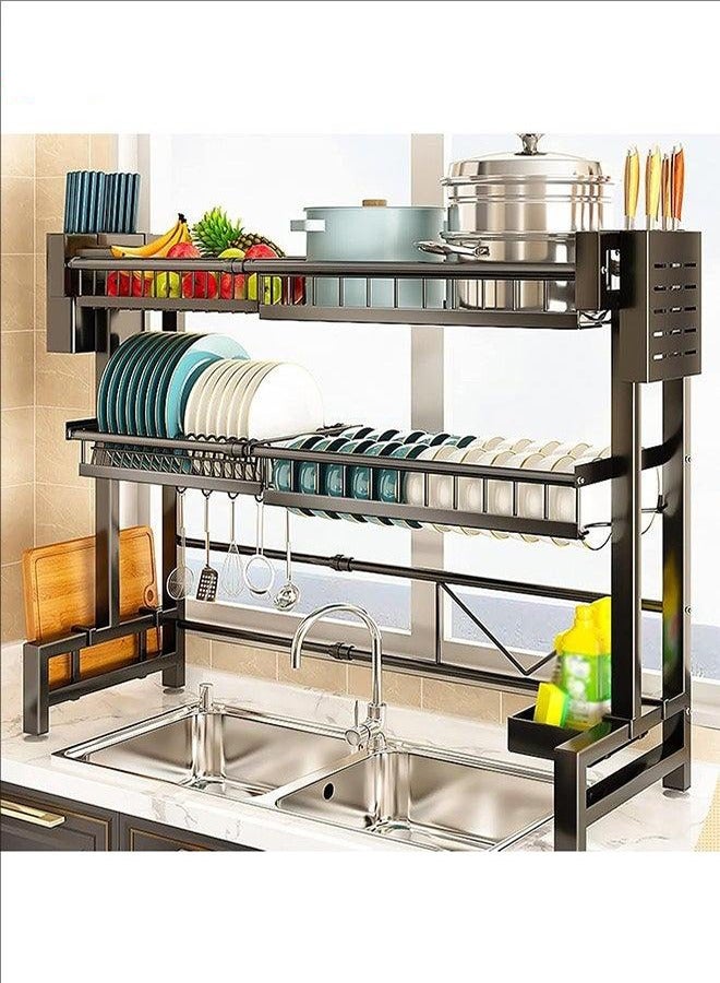 BLOOMING TIME Adjustable Kitchen Drainer Rack, Dishware Storage Rack, Countertop Shelving Unit, Kitchen Storage Rack, Carbon Steel + Powder-Coated Finish, Space-Saving Design, Dismountable for Easy Cleaning, Black  - Image 1