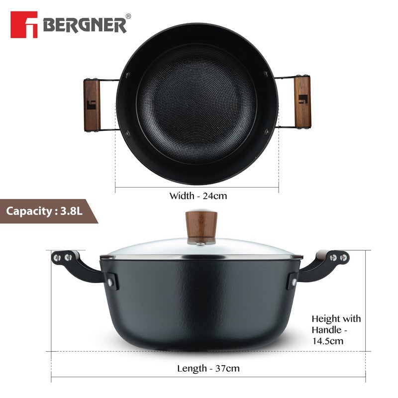 BERGNER Bergner Odin 24cm 38 Liters Cast Iron Casserole with Glass Lid Biryani Handi Pot For Cooking Heavy Bottom Lightweight and Rust Proof Coating Enamel Finish Induction Bottom and Gas Stove Ready - Image 3