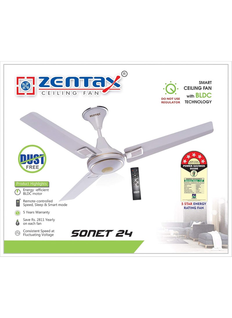 ZENTAX ZENTAX Sonet 24 1200 mm Energy Efficient 8 Star Rated High Speed BLDC Ceiling Fan with Remote White  - Image 4