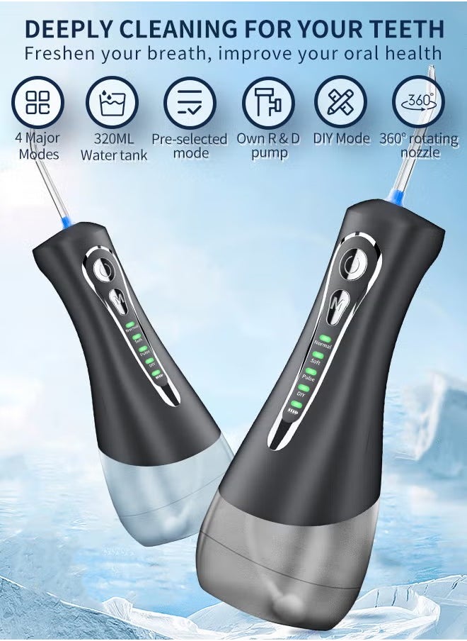 Univer Tang - Water Flosser Cordless Portable Dental Oral Irrigator With 5 Modes,4 Standard Replaceable Jet Tips,Rechargeable IPX7 Waterproof DIY Dental Flossers Teeth Cleaner,320ml Detachable Reservoir,Black - Image 1