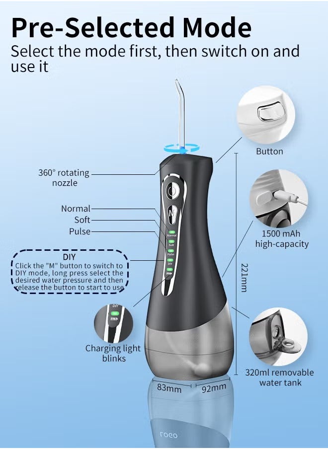 Univer Tang - Water Flosser Cordless Portable Dental Oral Irrigator With 5 Modes,4 Standard Replaceable Jet Tips,Rechargeable IPX7 Waterproof DIY Dental Flossers Teeth Cleaner,320ml Detachable Reservoir,Black - Image 1