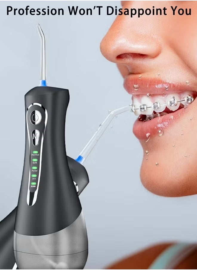 Univer Tang - Water Flosser Cordless Portable Dental Oral Irrigator With 5 Modes,4 Standard Replaceable Jet Tips,Rechargeable IPX7 Waterproof DIY Dental Flossers Teeth Cleaner,320ml Detachable Reservoir,Black - Image 1