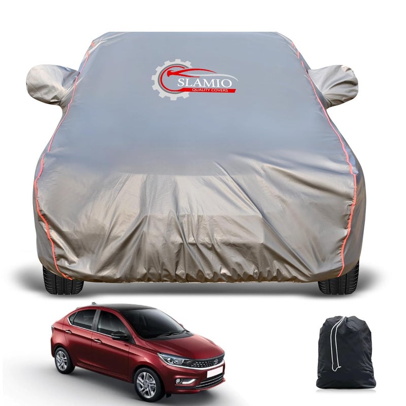 Slamio Heavy-Duty Car Body Cover for Tata Tigor (2017-2025) | Waterproof, Dustproof, UV Protection, Custom Fit, Heavy Belt & Buckle with Mirror & Antenna Pocket | Dark Grey - Image 1