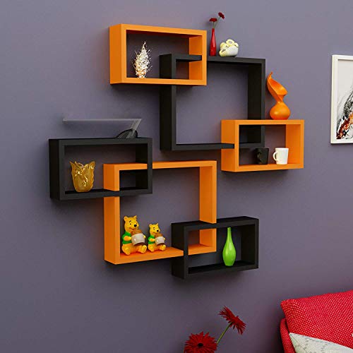 Onlineshoppee Intersecting MDF Set of 6 Wall Shelves (Orange & Black) - Image 1