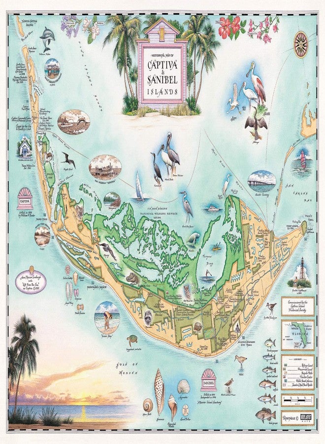 Xplorer Maps Sanibel & Captiva Islands Hand-Drawn Map - 24x18 Vintage-Style Lithographic Print - Made in USA - Image 1
