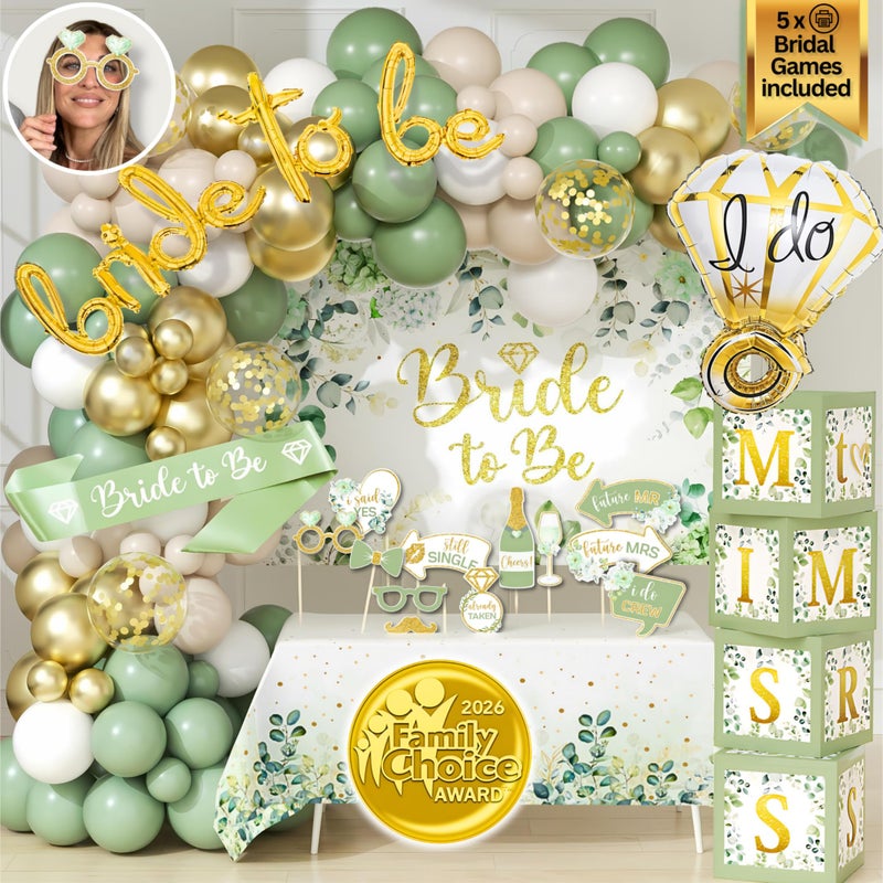 RainMeadow 215 Pc Premium Bridal Shower Decorations Olive Sage Green - Bridal Shower Balloon Boxes with A-Z Letters & Bridal Balloon Arch Kit & Bride to Be Balloon for Bridal, Bachelorette, Engagement or Wedding - Image 1