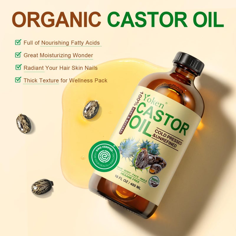 Yoken EWG Verified Castor Oil Glass Bottle 16 fl oz 100% Pure Natural Cold Pressed Castor Oil for Face, Body, Hair, Eyelash, Skin - Hexane Free, Unrefined, Virgin, Rich Fatty Acid for Caster Pack Wrap - Image 3