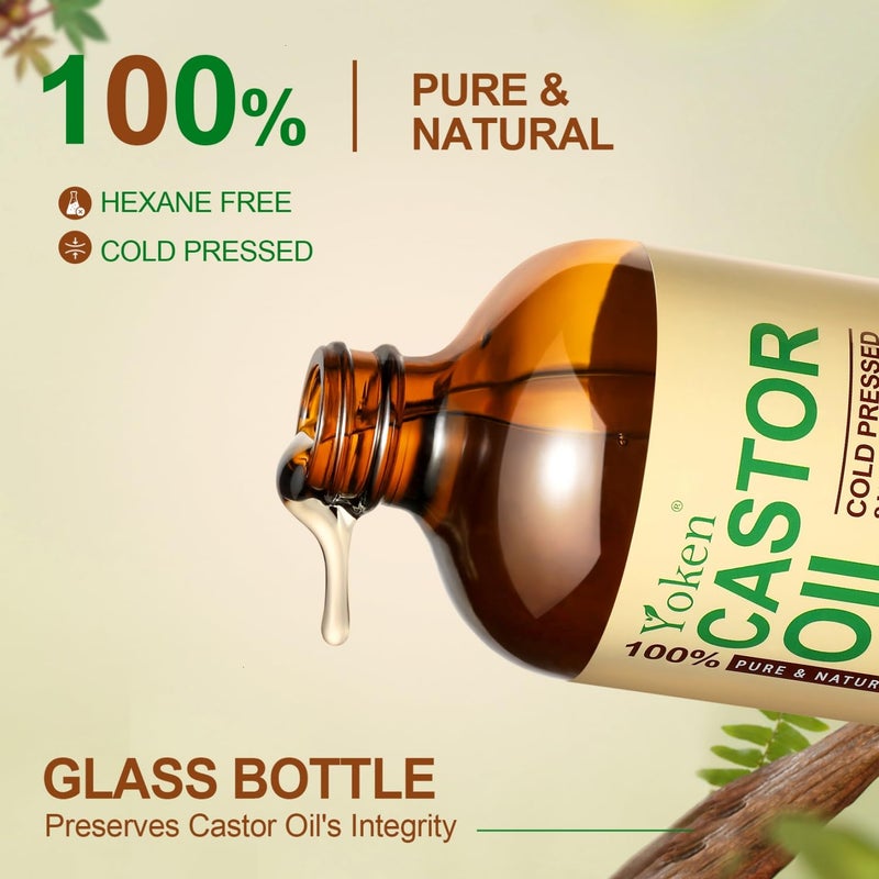 Yoken EWG Verified Castor Oil Glass Bottle 16 fl oz 100% Pure Natural Cold Pressed Castor Oil for Face, Body, Hair, Eyelash, Skin - Hexane Free, Unrefined, Virgin, Rich Fatty Acid for Caster Pack Wrap - Image 4