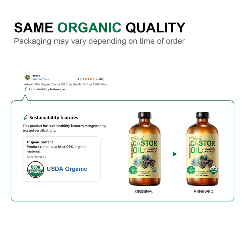 Yoken EWG Verified Castor Oil Glass Bottle 16 fl oz 100% Pure Natural Cold Pressed Castor Oil for Face, Body, Hair, Eyelash, Skin - Hexane Free, Unrefined, Virgin, Rich Fatty Acid for Caster Pack Wrap - Image 2