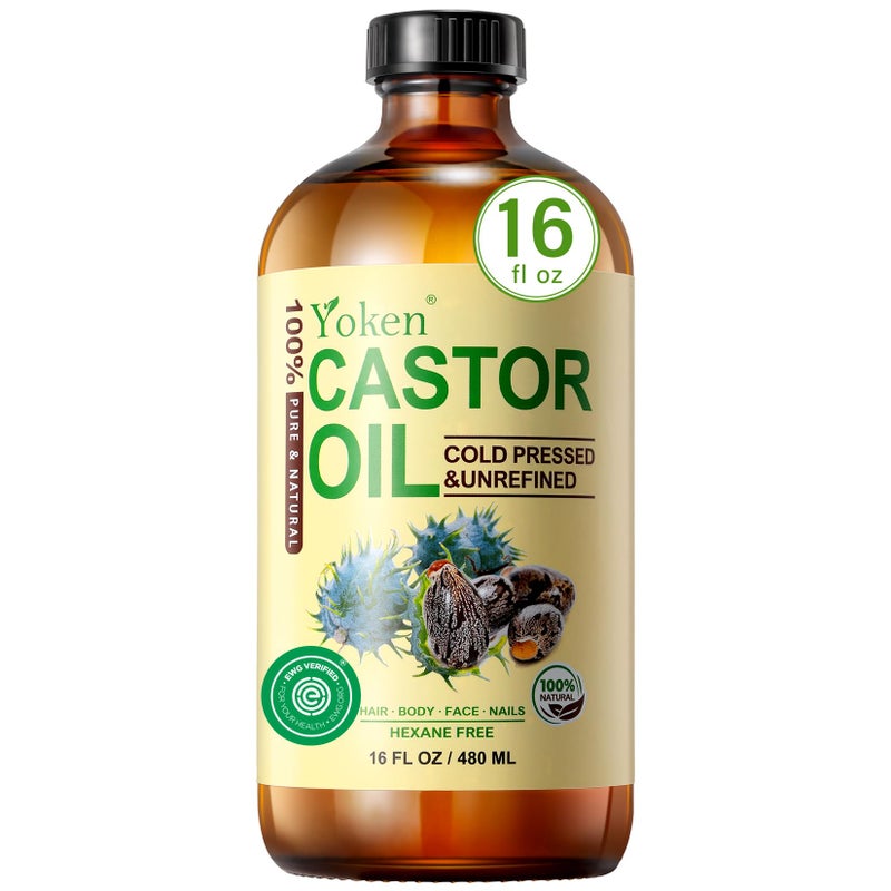 Yoken EWG Verified Castor Oil Glass Bottle 16 fl oz 100% Pure Natural Cold Pressed Castor Oil for Face, Body, Hair, Eyelash, Skin - Hexane Free, Unrefined, Virgin, Rich Fatty Acid for Caster Pack Wrap - Image 1