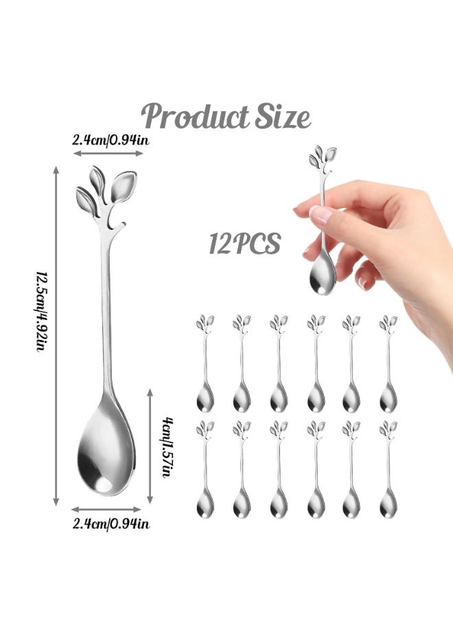 12 PCS Elegant Silver Leaf Coffee Spoons 4.9" Mini Stainless Steel Espresso and Dessert Tea Spoons Creative Leaf Tableware Dessert Spoon for Stirring Mixing Sugar Ice Cream Cake Coffee Tea - Image 2