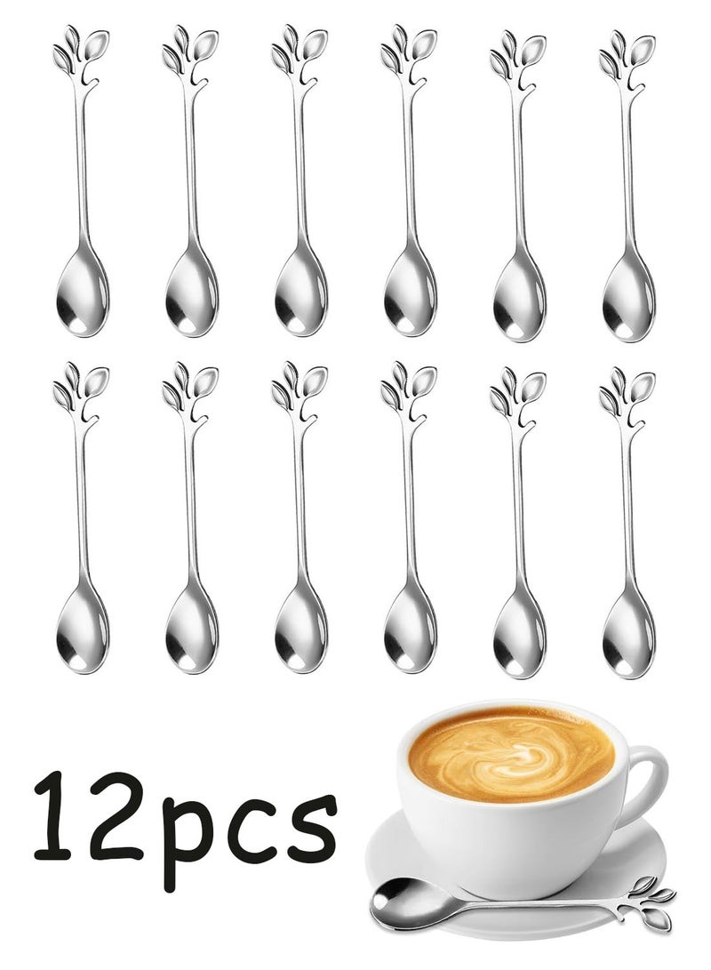 12 PCS Elegant Silver Leaf Coffee Spoons 4.9" Mini Stainless Steel Espresso and Dessert Tea Spoons Creative Leaf Tableware Dessert Spoon for Stirring Mixing Sugar Ice Cream Cake Coffee Tea - Image 1