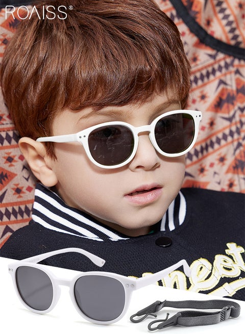 Oval Polarized Sunglasses for Babies, UV400 Protection Cute Beach Holiday Sun Glasses with Lightweight Flexible TPEE Frame and Elastic Strap for Boys Girls Age 0-3, White