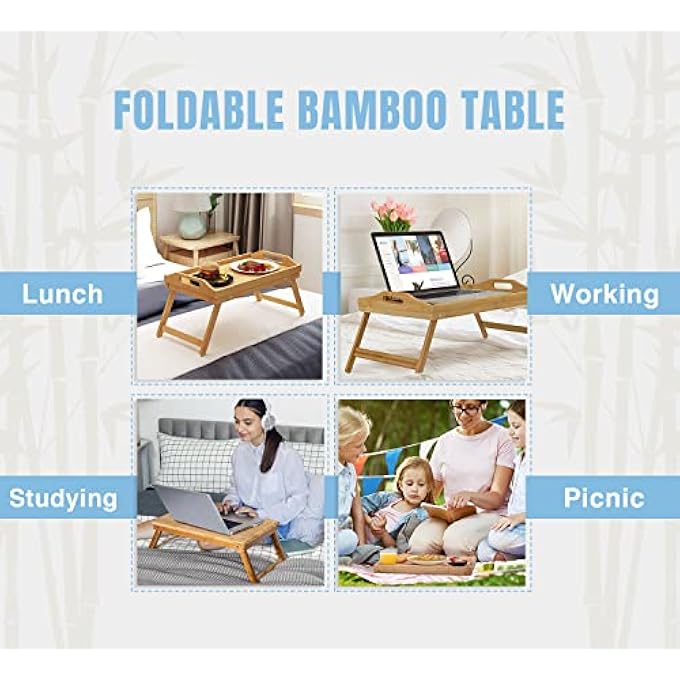 rayihni BREAKFAST IN BED TRAY TABLE WITH FOLDING LEGS- BED TABLE LAPTOP DESK- PORTABLE BREAKFAST SERVING TRAY-BAMBOO BED TRAY WITH LEGS-BAMBOO LAPTOP TABLE-LAPTOP TABLE ON BED - Image 3