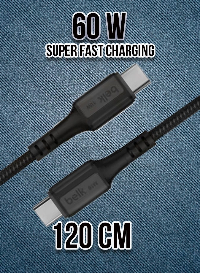 بيلك كابل نايلون مضفر من النوع C إلى النوع C بطول 120 سم فائق المتانة | شحن سريع بقوة 60 وات ونقل بيانات بسرعة 480 ميجابت في الثانية | خالٍ من التشابك | متوافق مع أحدث الأجهزة بما في ذلك iPhone 15 وما فوق - Image 2