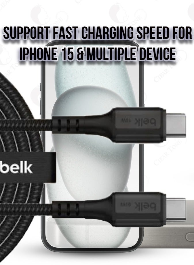 بيلك كابل نايلون مضفر من النوع C إلى النوع C بطول 120 سم فائق المتانة | شحن سريع بقوة 60 وات ونقل بيانات بسرعة 480 ميجابت في الثانية | خالٍ من التشابك | متوافق مع أحدث الأجهزة بما في ذلك iPhone 15 وما فوق - Image 5