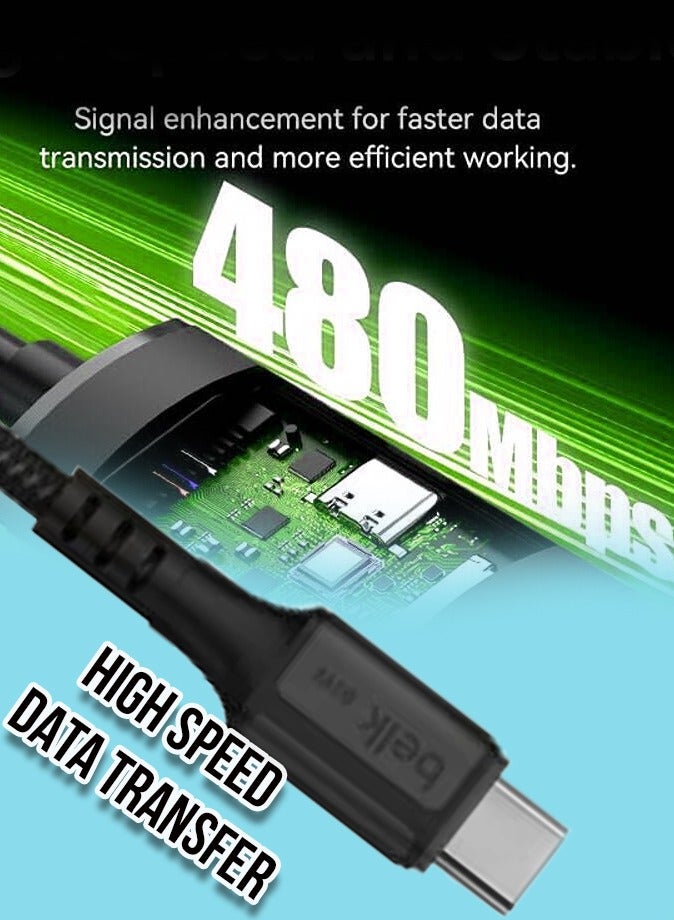 بيلك كابل نايلون مضفر من النوع C إلى النوع C بطول 120 سم فائق المتانة | شحن سريع بقوة 60 وات ونقل بيانات بسرعة 480 ميجابت في الثانية | خالٍ من التشابك | متوافق مع أحدث الأجهزة بما في ذلك iPhone 15 وما فوق - Image 4