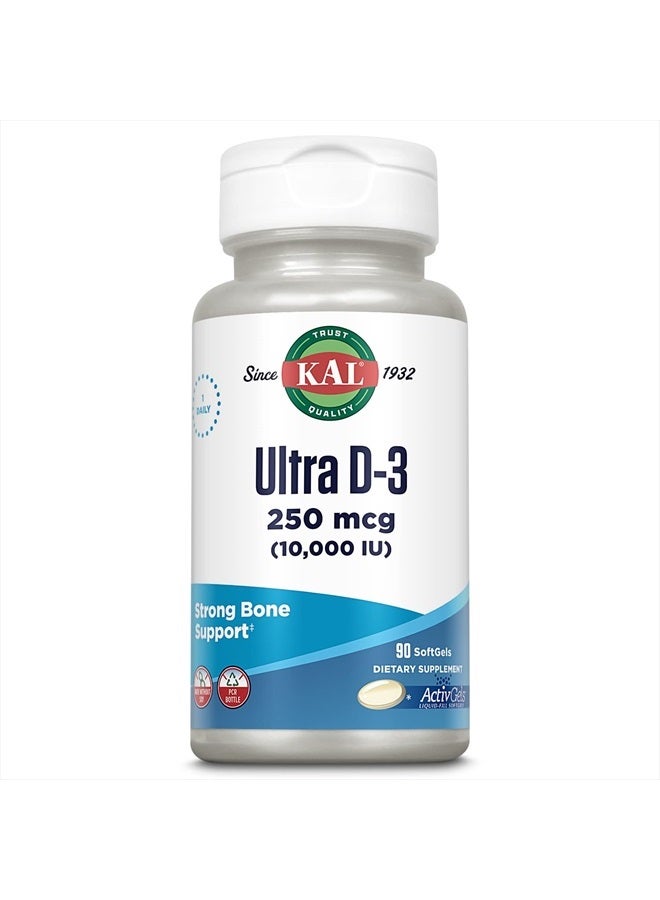 KAL Ultra Vitamin D3 10000 IU Softgels (250 mcg), High Potency Vitamin D, Calcium Absorption, Bone Health and Immune Support Supplement, Liquid Filled ActivGels, Made Without Soy, 90 Serv, 90 Softgels - Image 1