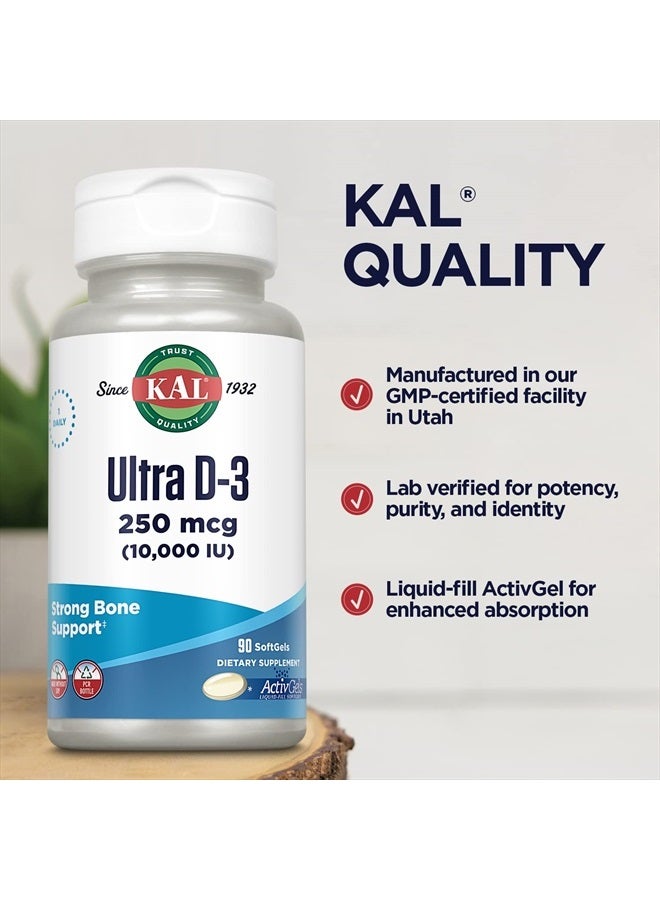 KAL Ultra Vitamin D3 10000 IU Softgels (250 mcg), High Potency Vitamin D, Calcium Absorption, Bone Health and Immune Support Supplement, Liquid Filled ActivGels, Made Without Soy, 90 Serv, 90 Softgels - Image 5